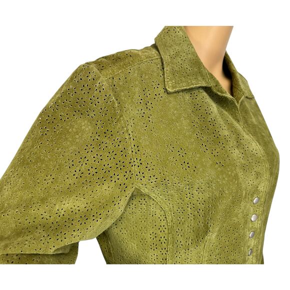 Aria 100% Leather Jacket Eyelet Moss Green Button Front Long Sleeve Size L - Picture 7 of 10
